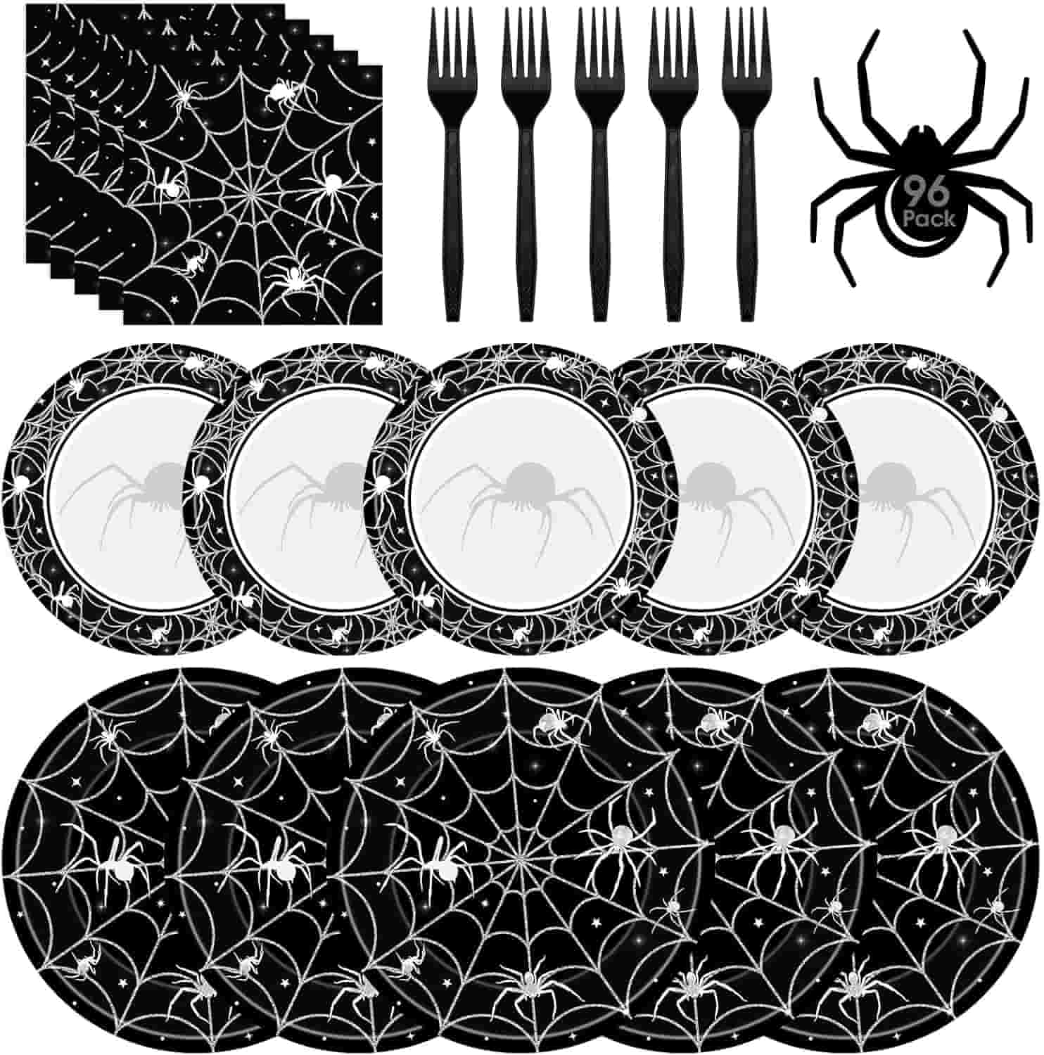 Black and white spider-themed party set with napkins, plates, forks, and an illustrated spider featuring a “96 pack” label, all decorated with webs and spiders.