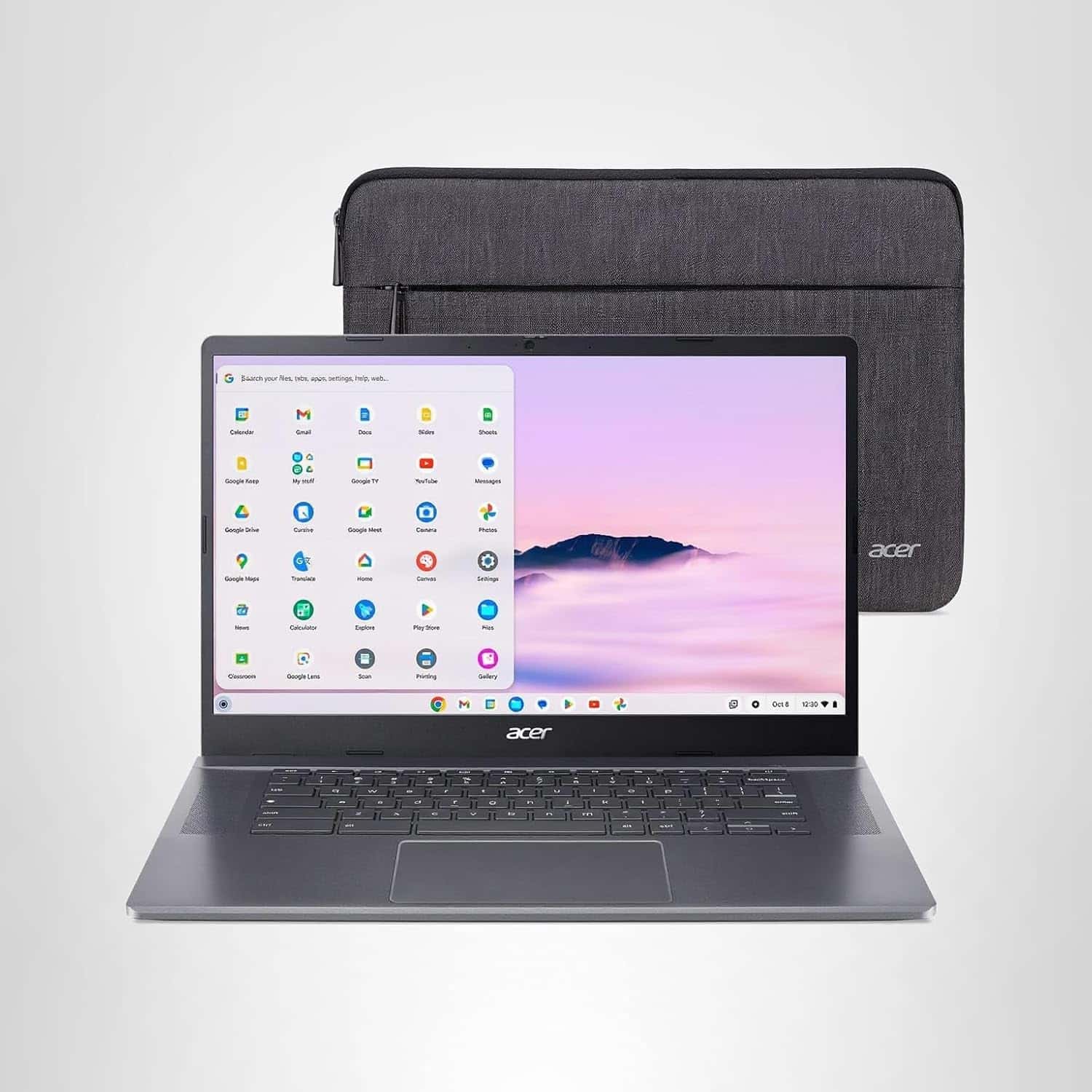 Acer Chromebook laptop displaying its home screen, placed in front of a closed grey laptop sleeve on a plain light background.