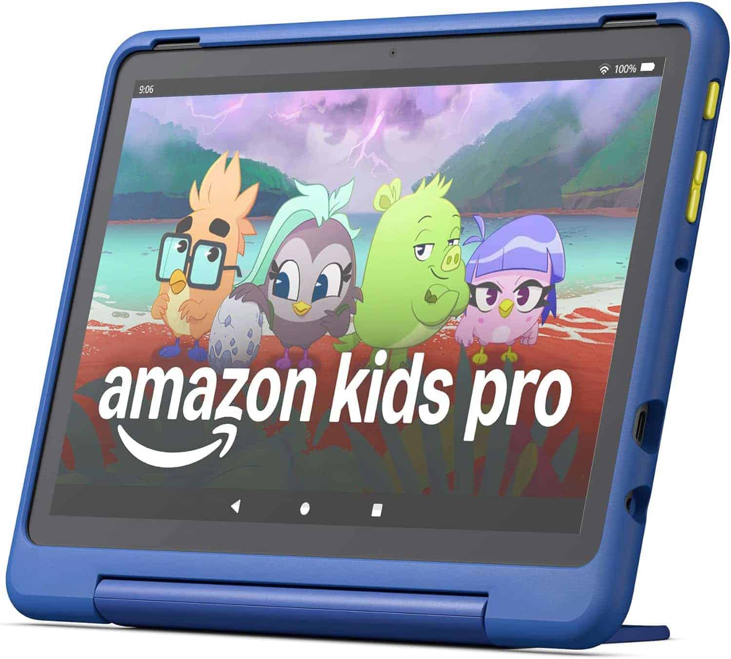 A blue Amazon Kids Pro tablet displaying an animated cartoon with four colorful characters and the text "amazon kids pro" on the screen.