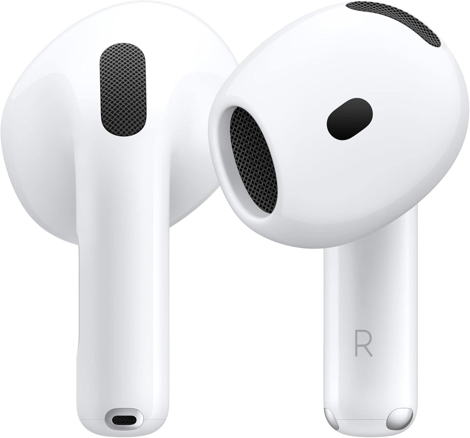 A pair of white wireless earbuds, each with visible black speaker grilles; one earbud is marked with an "R" for right.