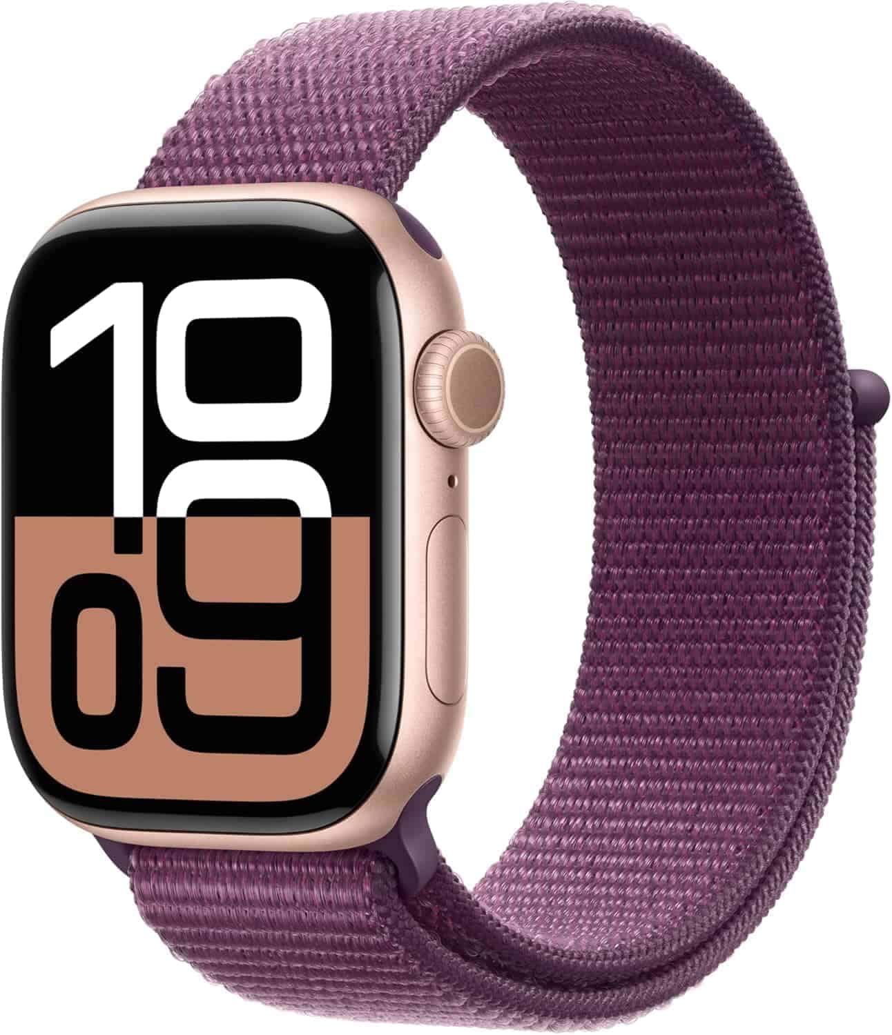 Apple Watch with a gold case and a purple sport loop band, displaying a digital time on its screen with large bold numbers.