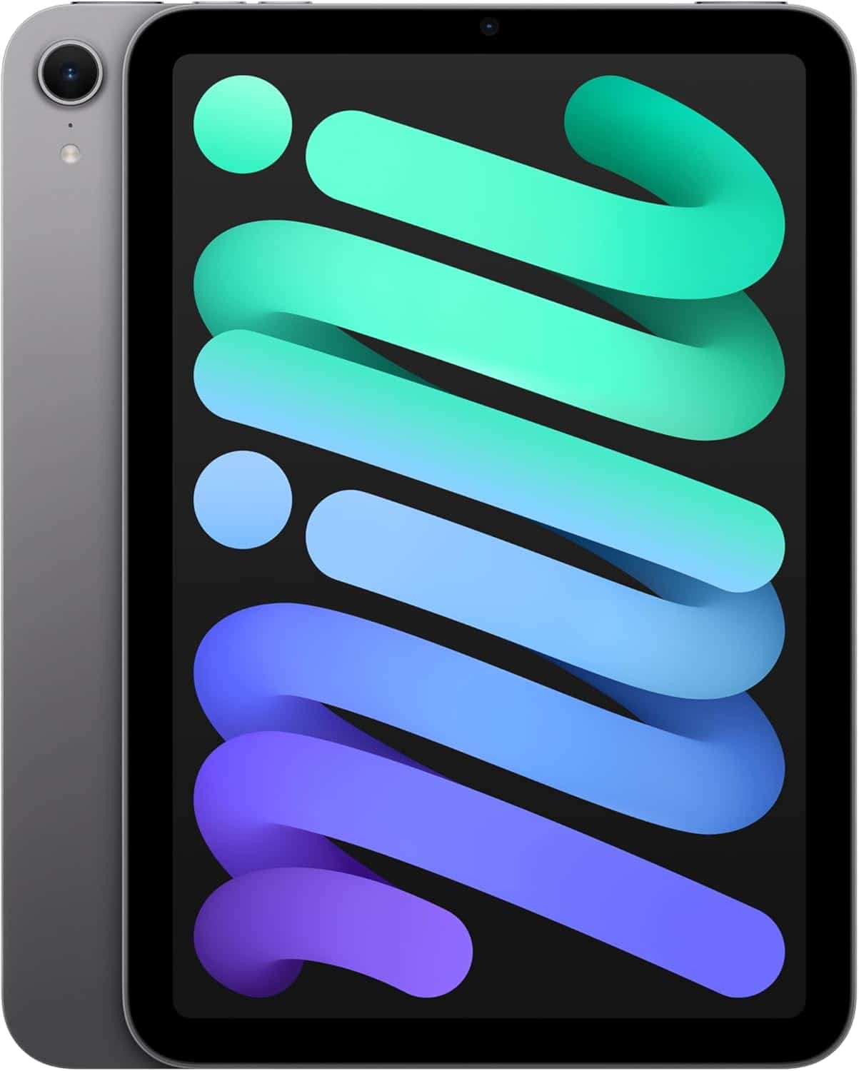 A black tablet with rounded edges and a colorful abstract design on the screen, showing blue, green, and purple shapes, and a rear-facing camera visible.