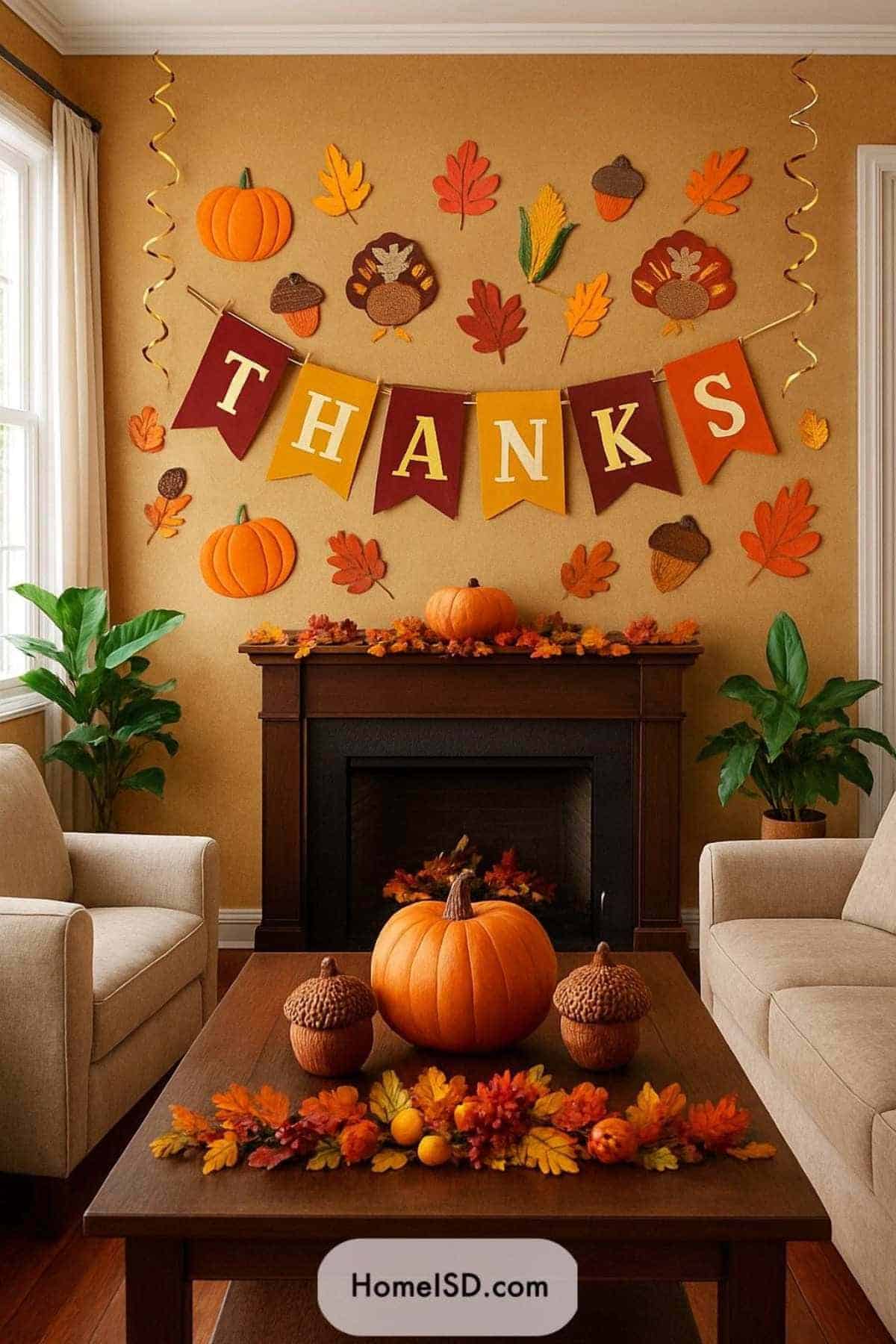 A living room decorated for Thanksgiving with pumpkins, acorns, fall leaves, and a "THANKS" banner above a fireplace. A pumpkin centerpiece sits on the coffee table.