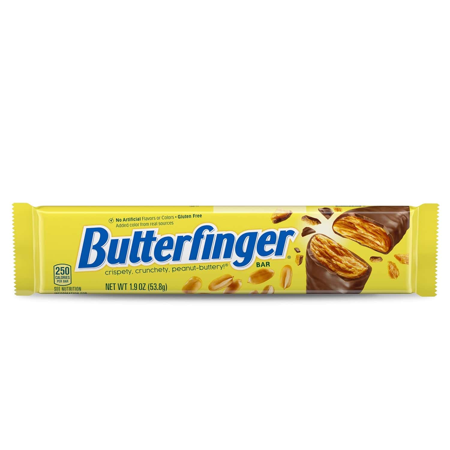 A Butterfinger candy bar in yellow packaging featuring images of the chocolate-coated, peanut-buttery treat and peanuts, with nutrition information and product details visible.