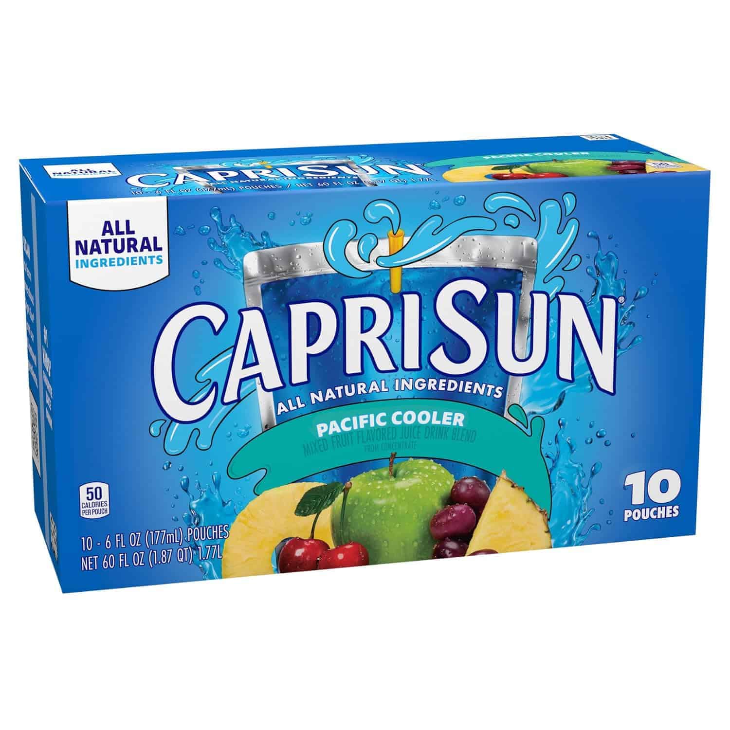 A 10-pack box of Capri Sun Pacific Cooler juice pouches featuring fruit graphics and a label stating "All Natural Ingredients.