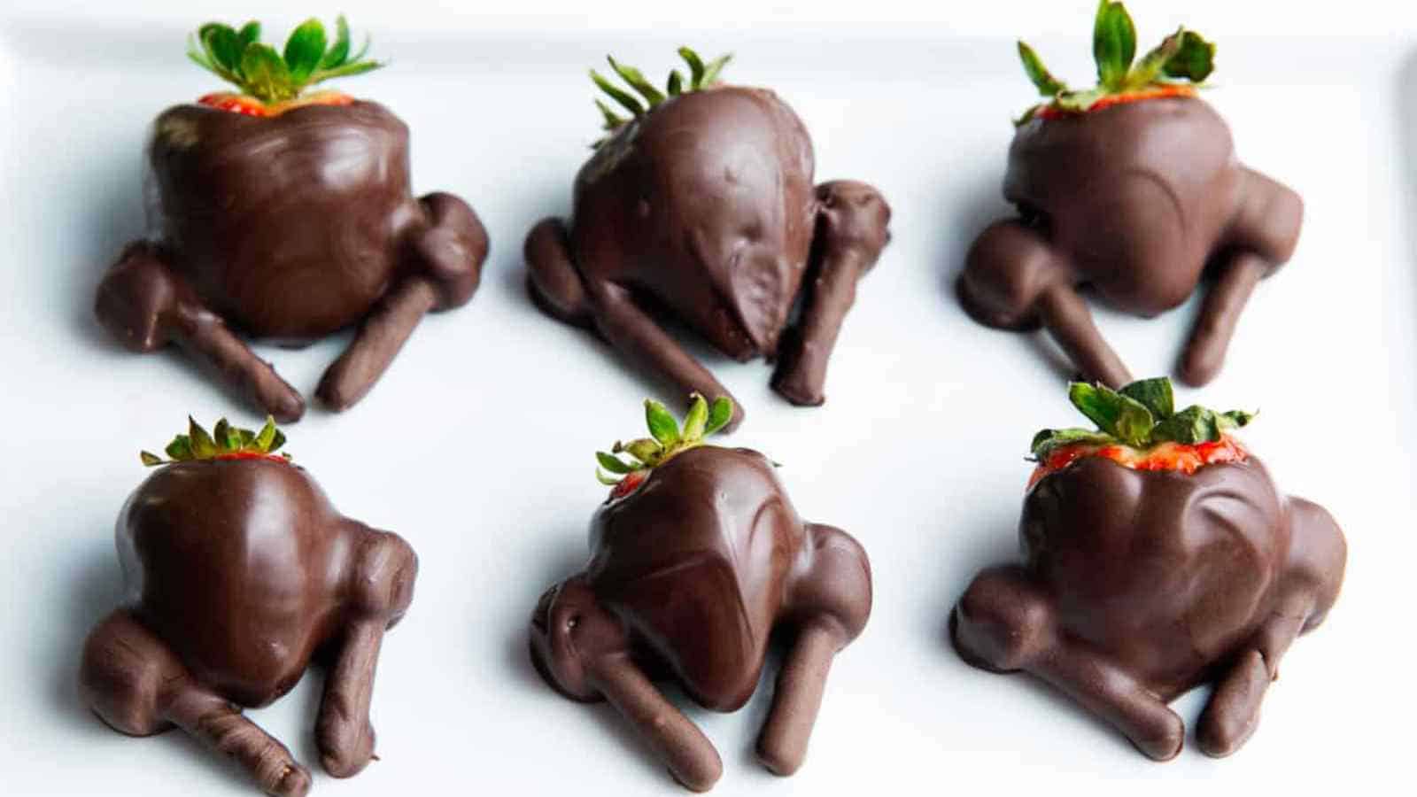 Six chocolate-covered strawberries arranged to resemble turkeys, with chocolate-coated pretzel sticks used as legs and wings, on a white surface.