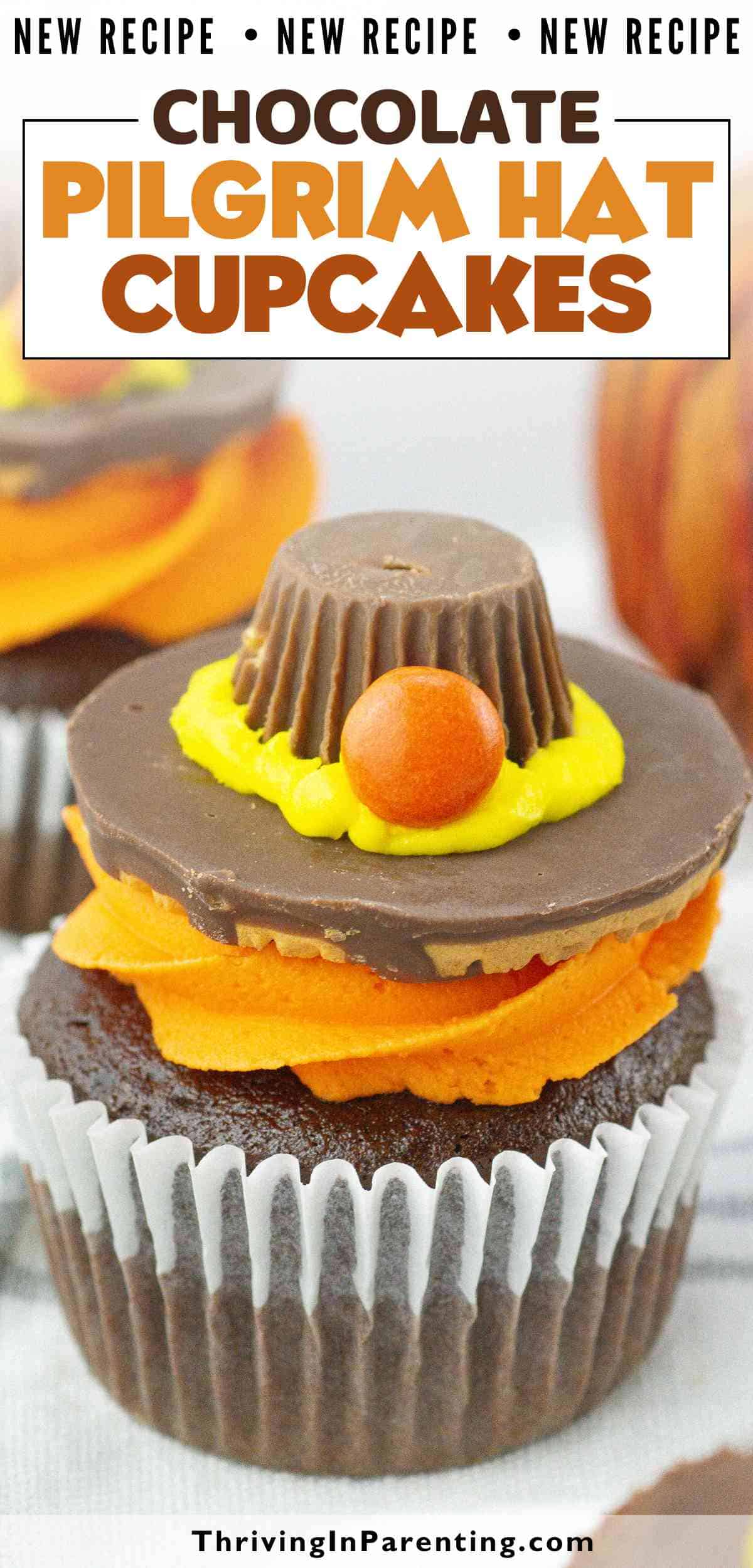 Chocolate cupcake decorated with orange frosting, a peanut butter cup, a chocolate cookie, yellow icing, and a round orange candy—these creative pilgrim hat cupcakes are perfect for festive celebrations.
