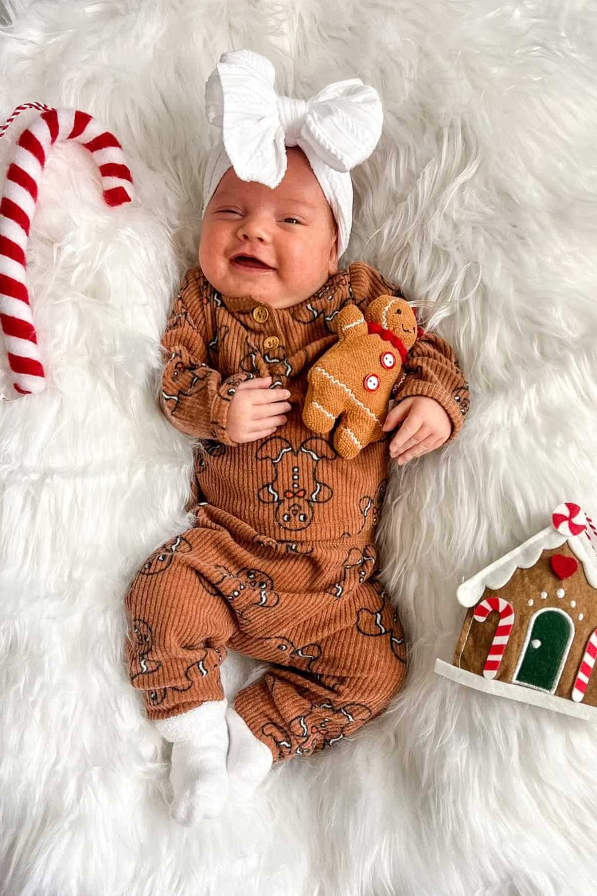 Baby in brown gingerbread outfit with white bow headband, holding a gingerbread toy, lying on white fur with a candy cane and gingerbread house decoration nearby.
