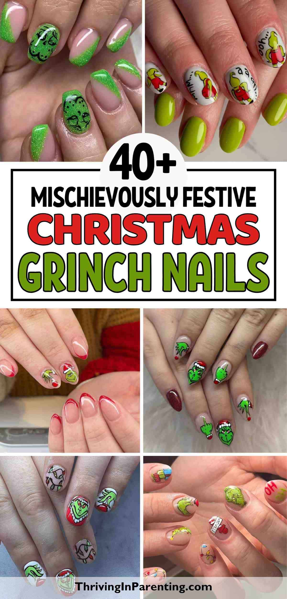 A collage of hands with Christmas-themed Grinch-inspired nail ideas in various styles and colors, featuring green, red, and playful character designs.