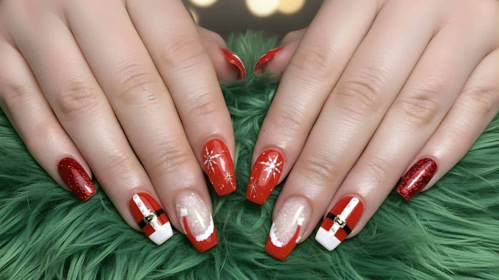 Hands with red, white, and glitter Christmas-themed nail art featuring snowflakes and Santa suit designs, resting on green faux fur.