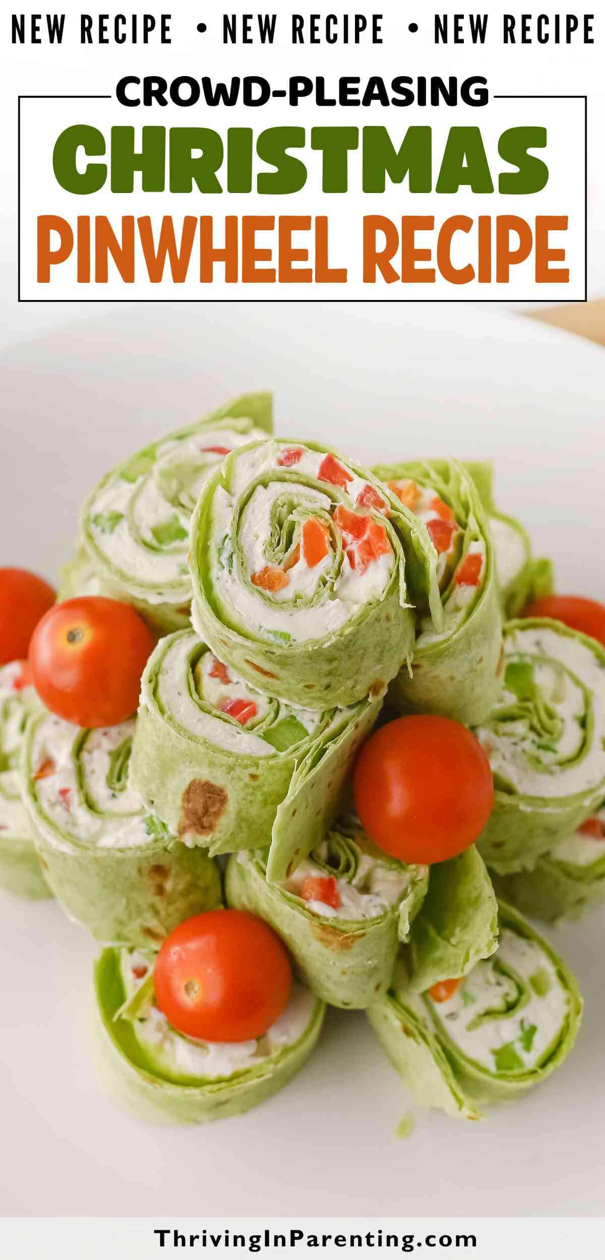 Pin image of Christmas pinwheels recipe blog post.