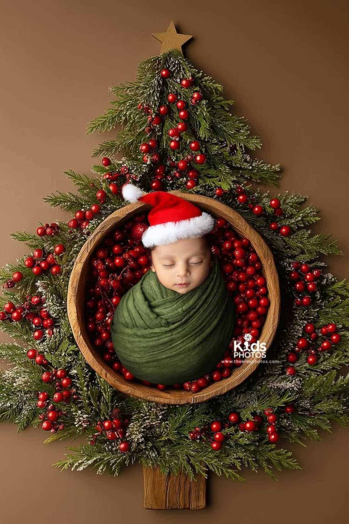 A baby wrapped in a green blanket and wearing a Santa hat is sleeping in a circular basket, placed at the center of a Christmas tree decoration with red berries.