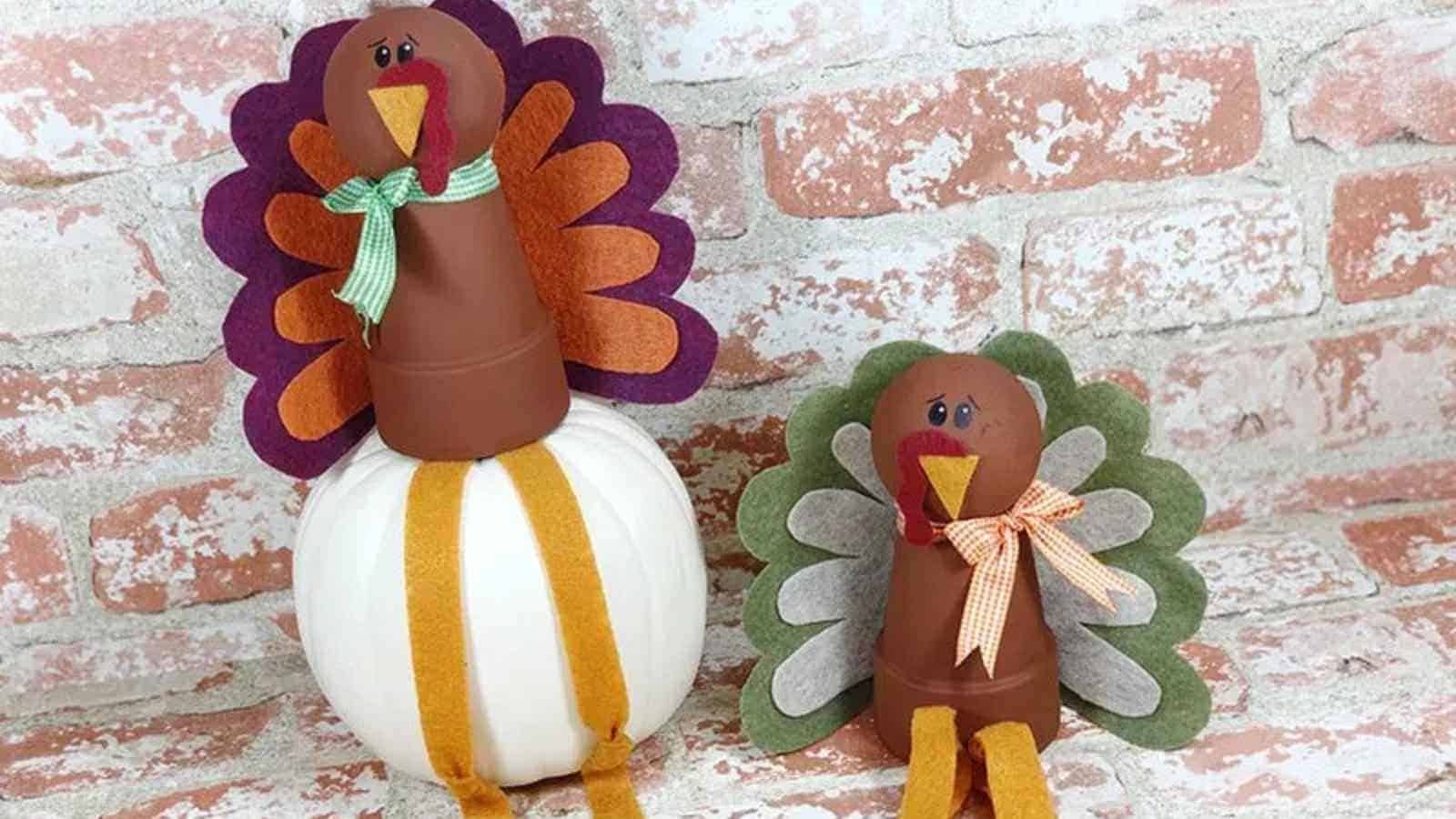 Two turkey crafts made from brown plant pots and felt, one sitting on a white pumpkin and the other on the surface, both decorated with bows and colorful felt feathers.