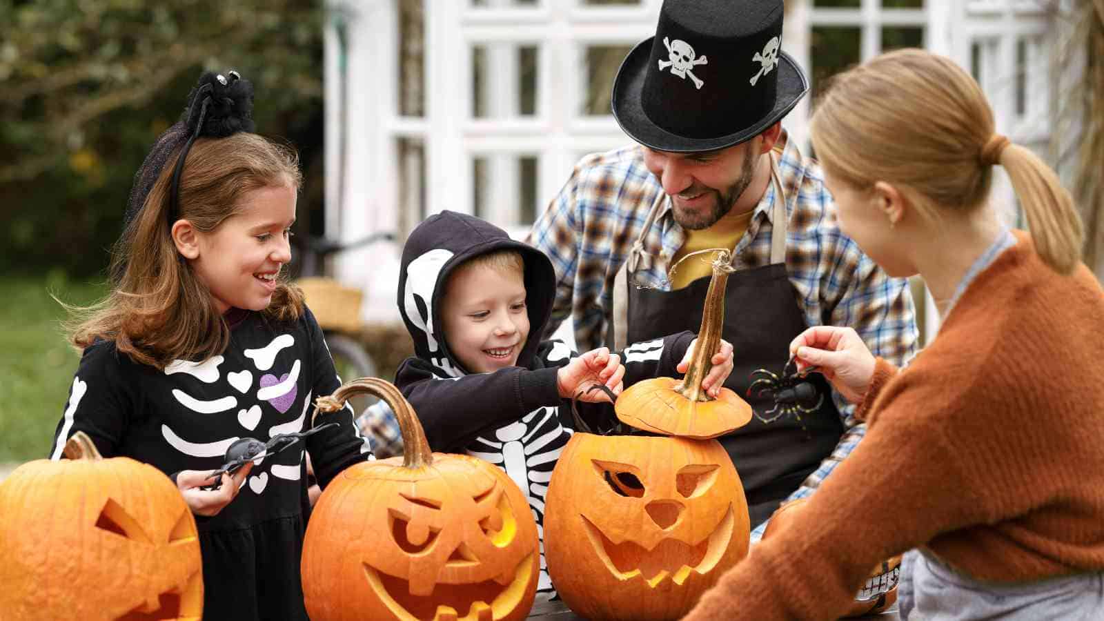 Two children and two adults in costumes carve jack-o'-lantern pumpkins together outdoors, decorated for Halloween.
