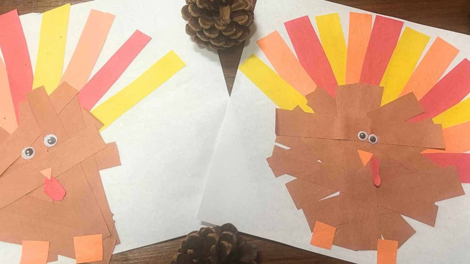 Two paper turkey crafts made from brown, red, orange, and yellow paper strips with googly eyes are displayed on white paper next to pinecones.