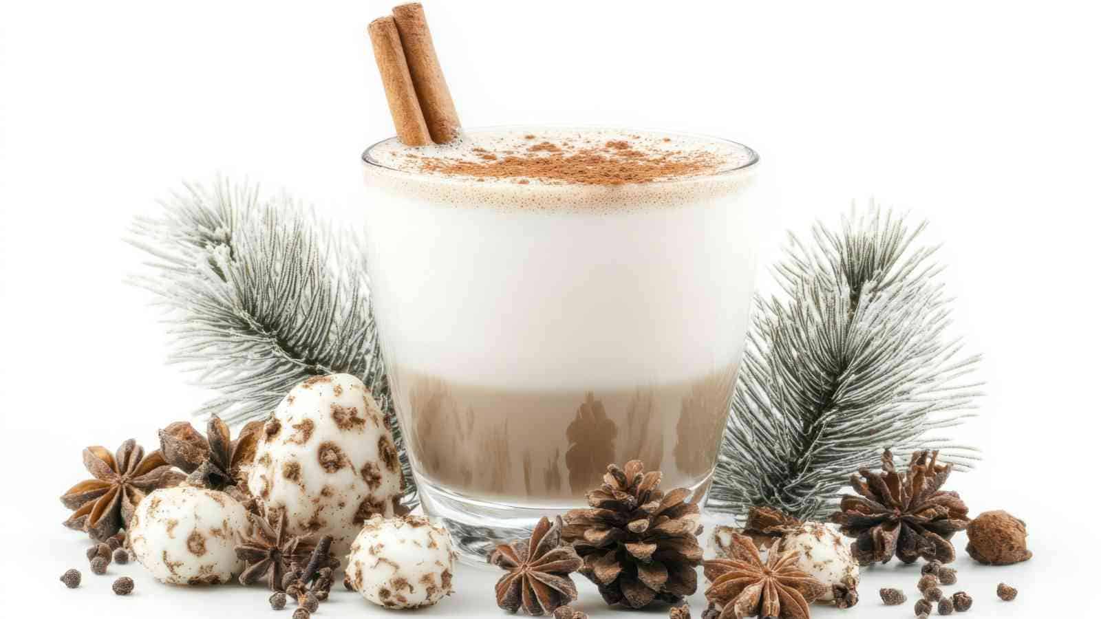 A glass of eggnog topped with cinnamon sticks, surrounded by pinecones, star anise, snowy pine branches, and decorative sugared treats on a white background.