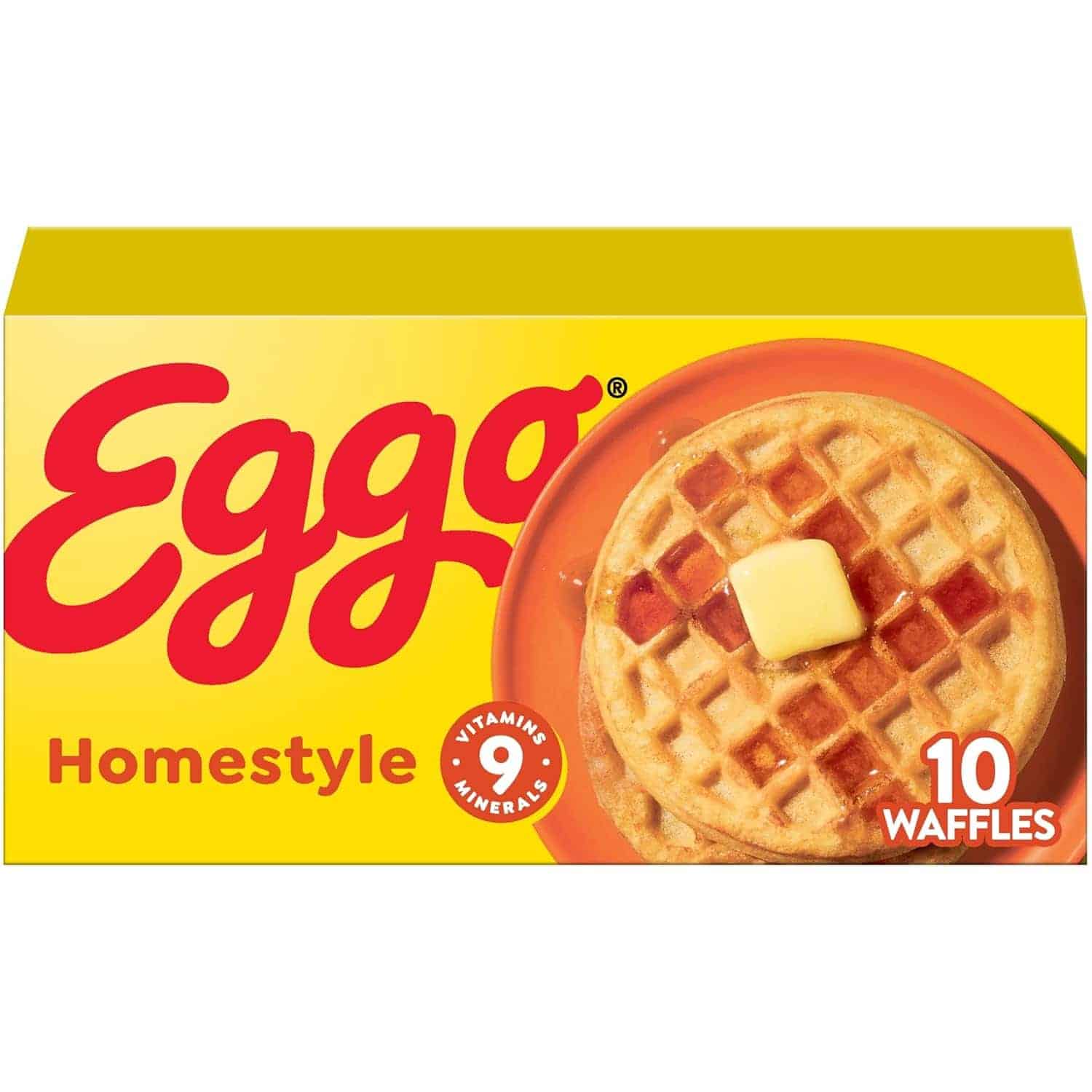 Box of Eggo Homestyle waffles showing two waffles with a pat of butter on a plate; the box contains 10 waffles and highlights 9 vitamins and minerals.