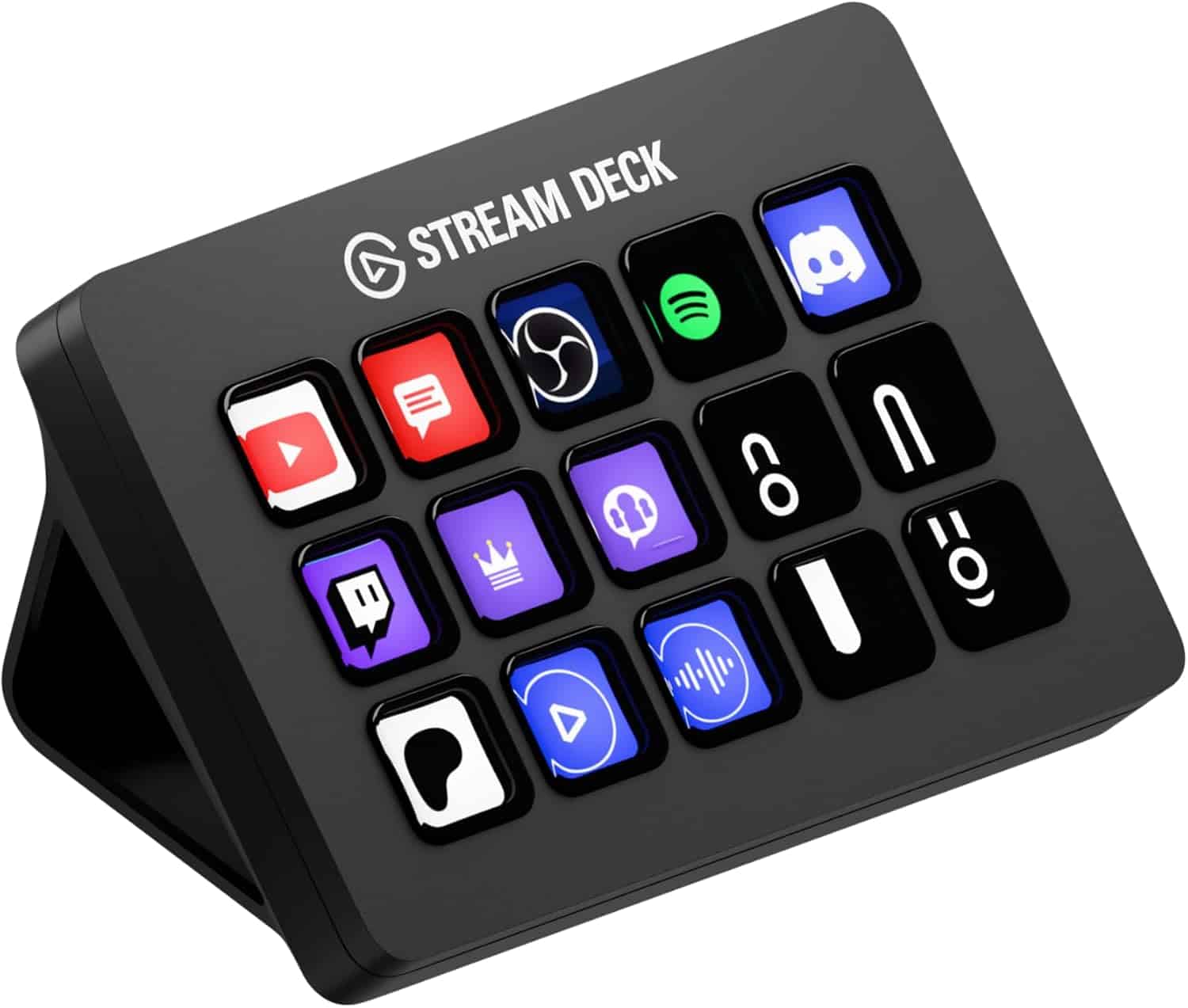 A black Elgato Stream Deck with 15 customizable LCD keys, each displaying different icons for streaming and media control functions, is shown on a stand.