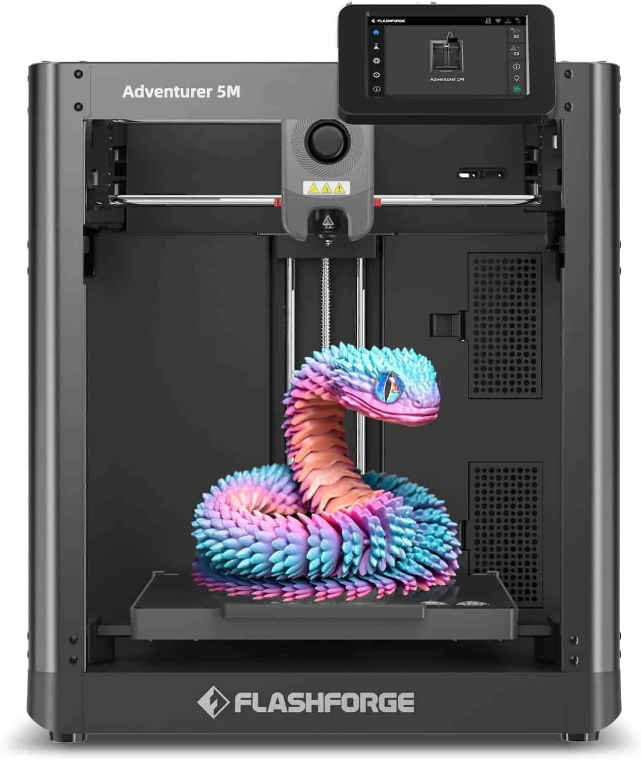 A Flashforge Adventurer 5M 3D printer with a colorful, serpent-like model in blue, pink, and purple on the printer bed.