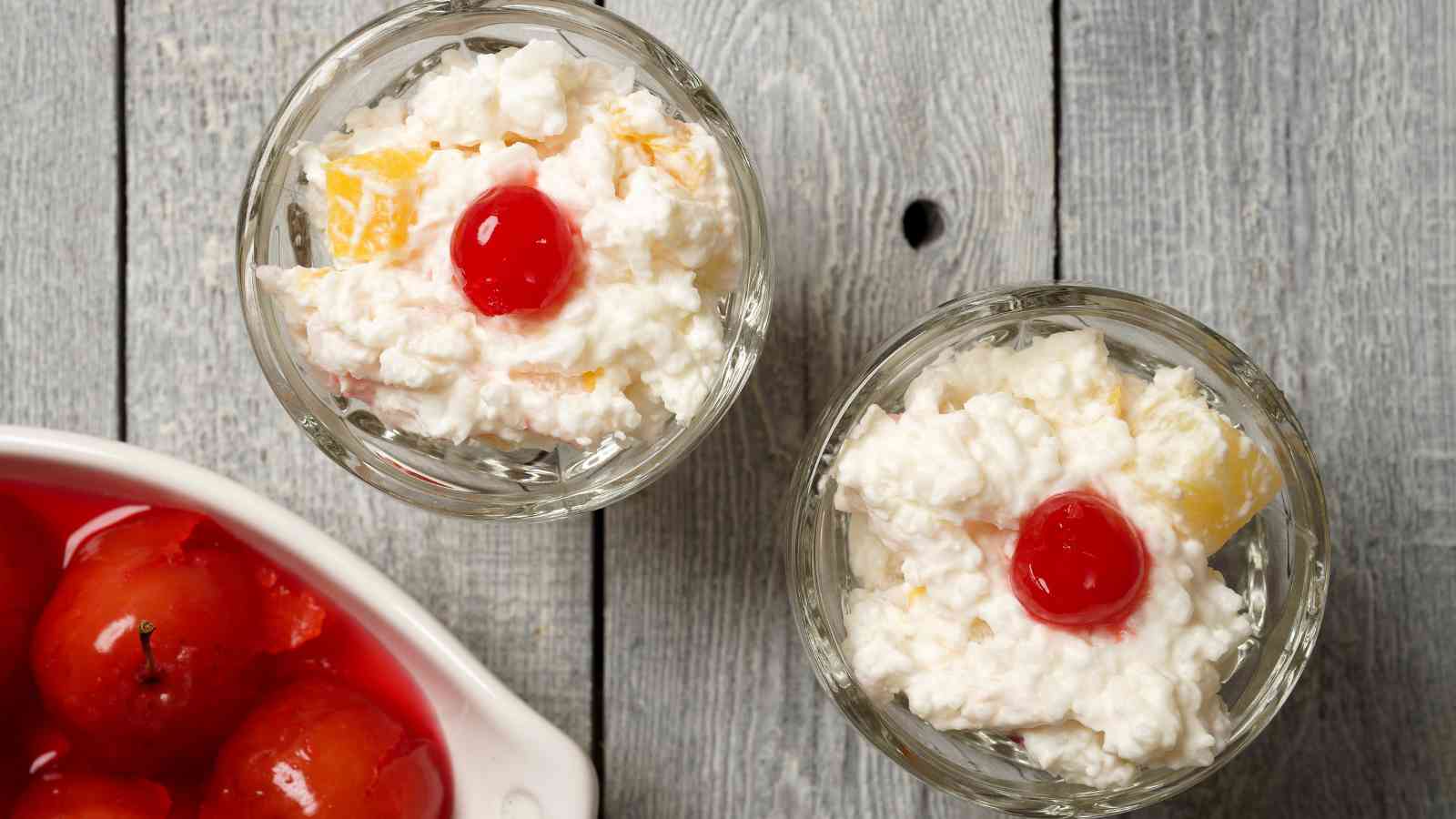Two glass bowls of cottage cheese salad with pineapple chunks and a maraschino cherry on top, placed on a wooden surface next to a dish of cherries.