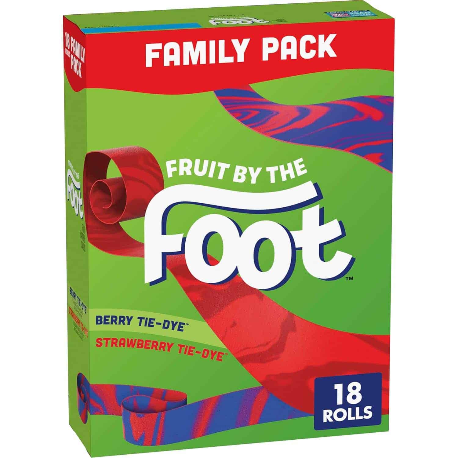 Box of Fruit by the Foot Berry and Strawberry Tie-Dye flavor, labeled "Family Pack," containing 18 rolls. The packaging is green, red, and blue.