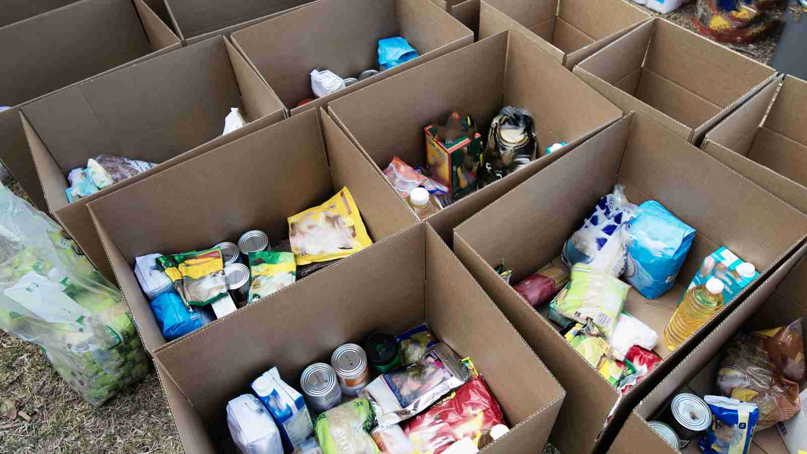 Several cardboard boxes organized in rows, each filled with assorted food items such as canned goods, oil, pasta, and packaged products.