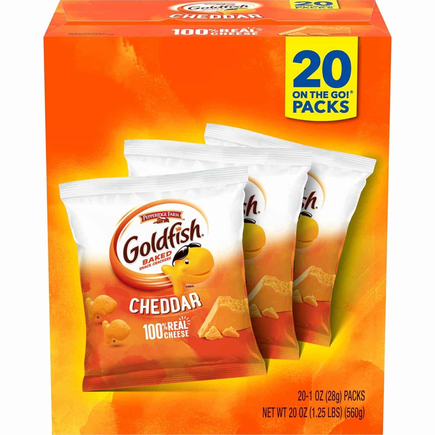 A box of Pepperidge Farm Goldfish Cheddar crackers with three single-serve packs shown on the front; labeled as 20 on-the-go packs.
