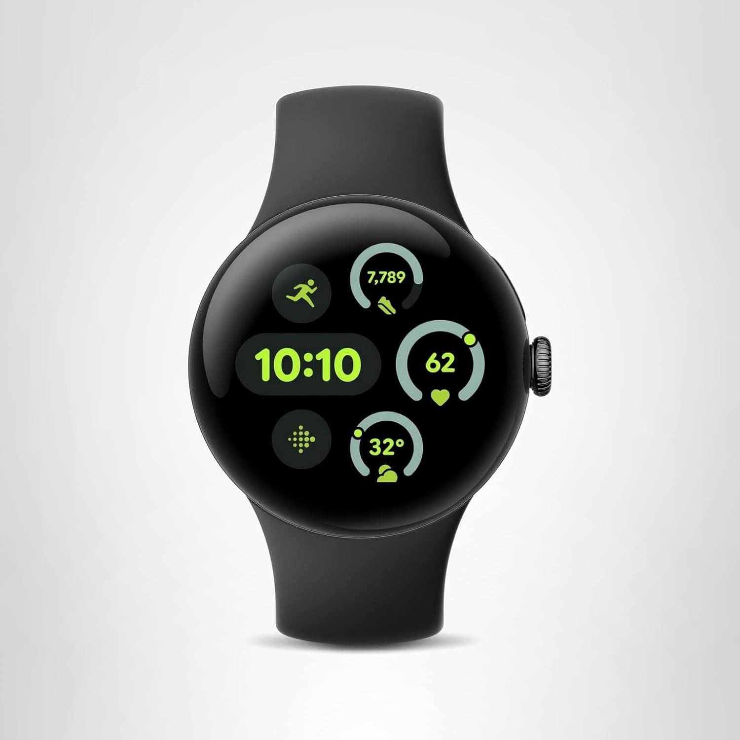 A black smartwatch displaying the time 10:10 and various health metrics, including steps, heart rate, temperature, and activity icons, on a white background.