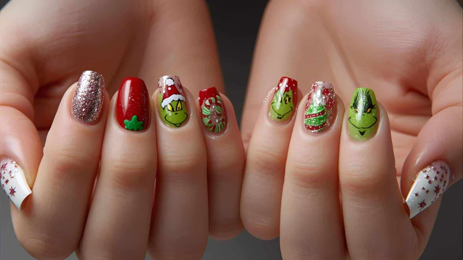 Hands with festive Christmas nail art featuring red, white, and green designs, including the Grinch, ornaments, glitter, and snowflake patterns.
