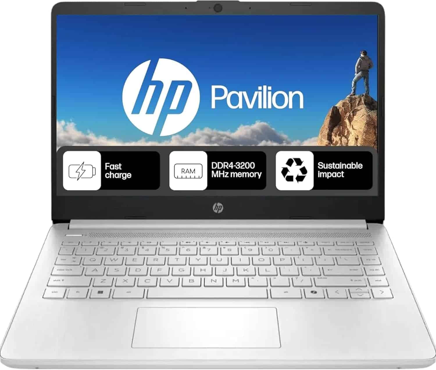 Silver HP Pavilion laptop with open screen displaying HP logo, a person on a rock, and icons listing fast charge, DDR4-3200 MHz memory, and sustainable impact features.