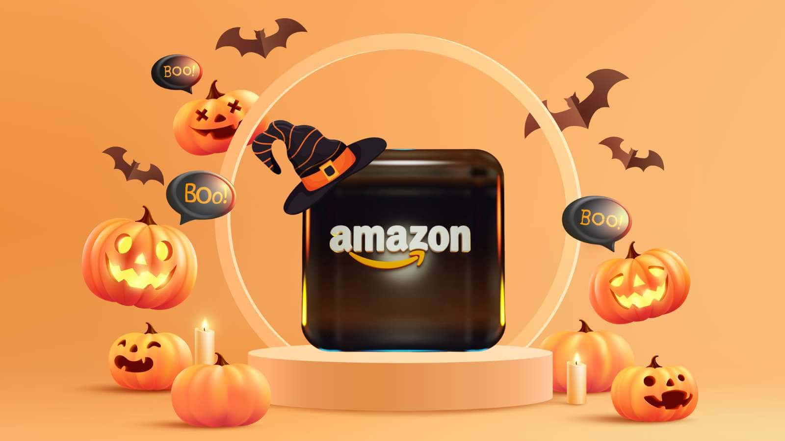 Spooky Halloween pumpkins and bats surrounding an Amazon gift card with a witch's hat, festive Halloween decor for holiday shopping.