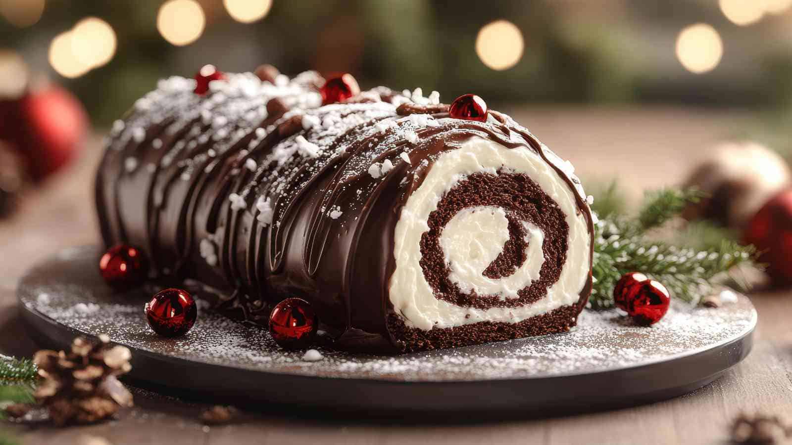 A chocolate yule log cake with cream filling, topped with chocolate glaze, powdered sugar, and red ornaments, placed on a festive plate.