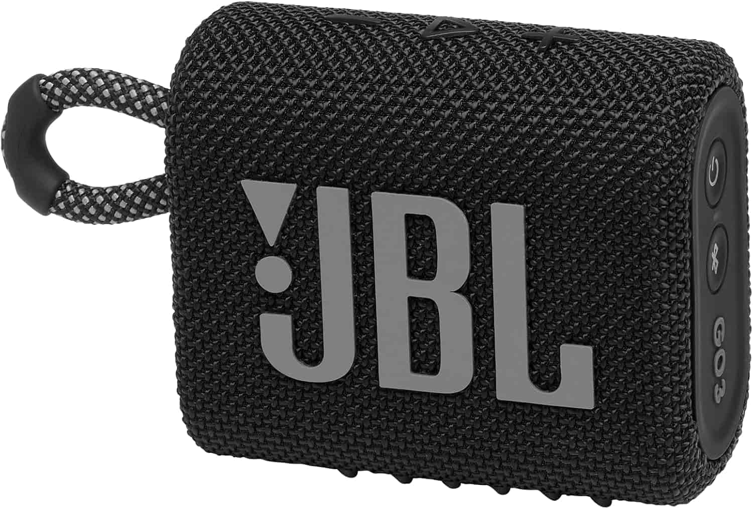 Black JBL portable Bluetooth speaker with a fabric loop, showing brand logo and control buttons on the side.