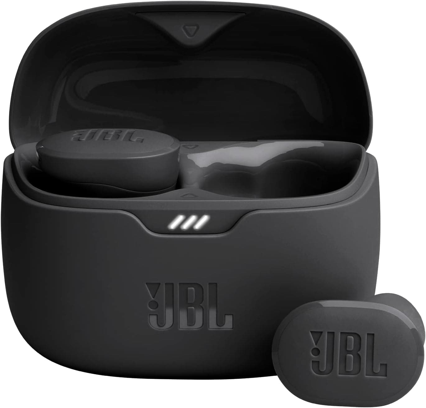 A pair of black JBL wireless earbuds with one earbud outside and the other inside an open charging case, featuring the JBL logo on both the case and earbuds.