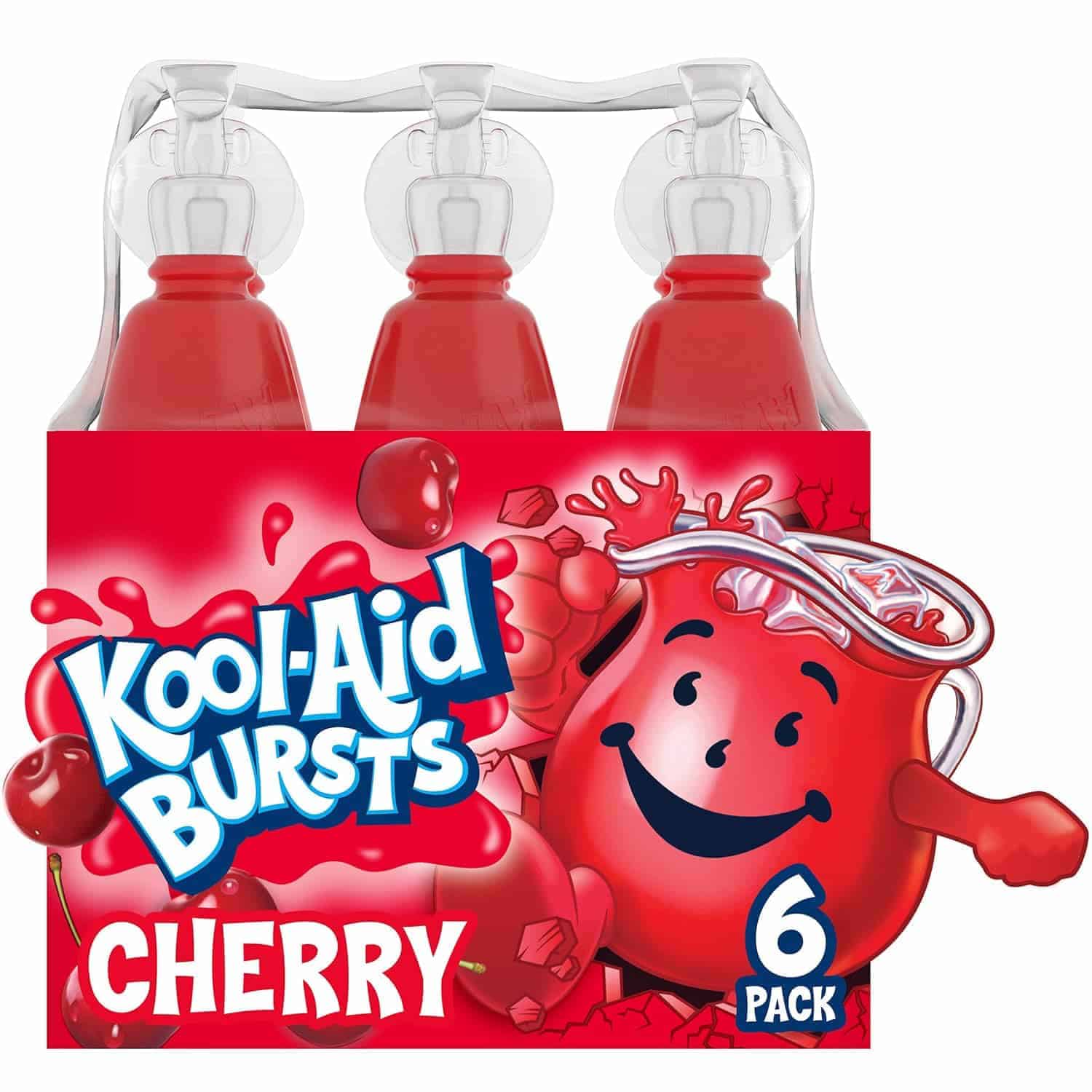 A six-pack of Kool-Aid Bursts Cherry flavored drinks, featuring red bottles and a smiling Kool-Aid Man on the packaging.