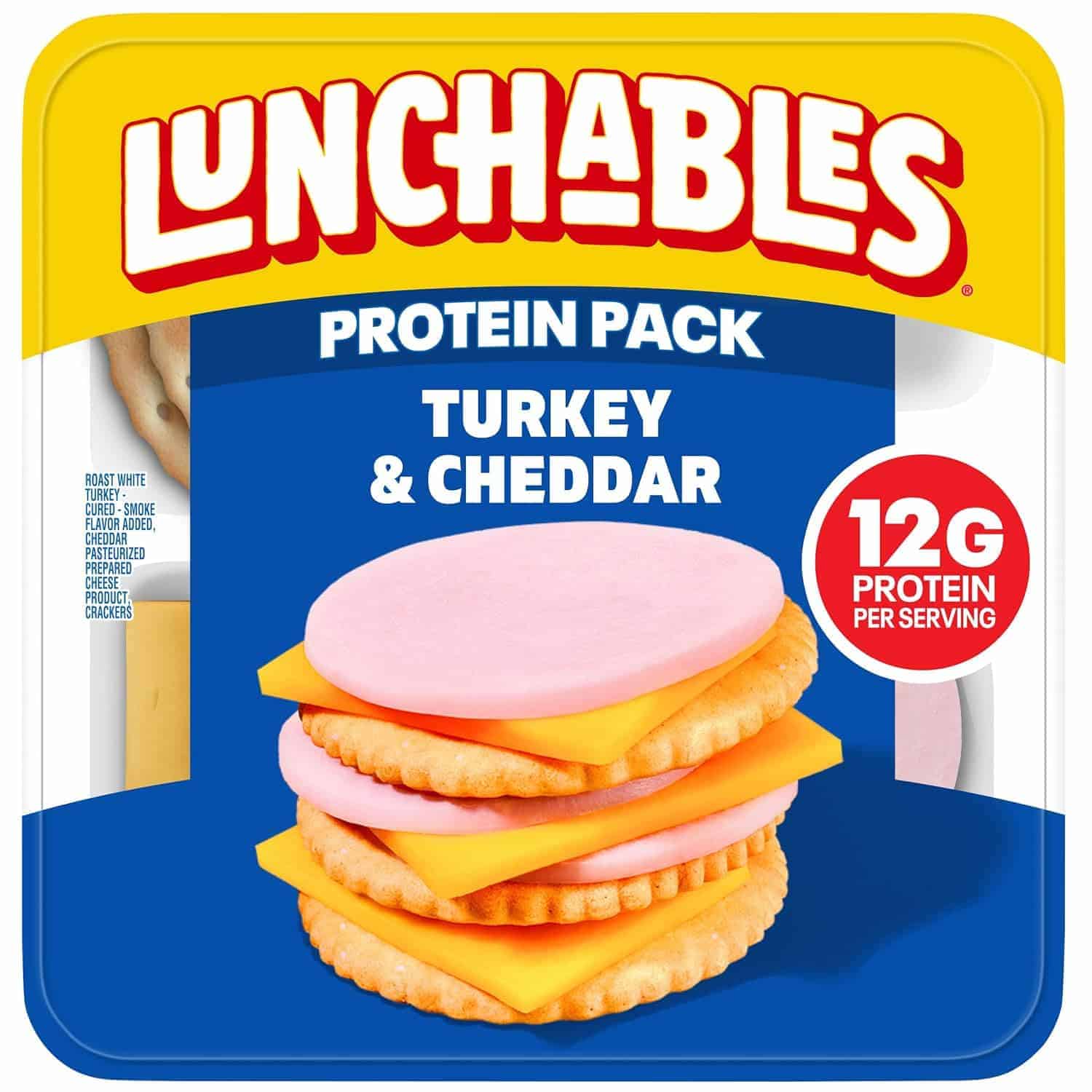 Lunchables Protein Pack featuring turkey and cheddar slices stacked with crackers; label highlights 12g protein per serving.