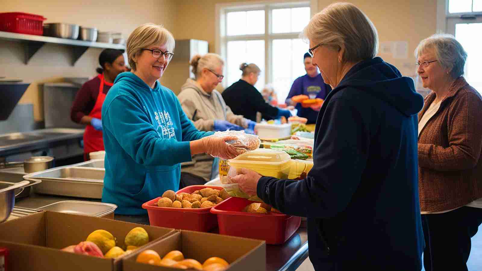 Volunteers wearing gloves distribute food and packaged meals to people in a community kitchen setting.