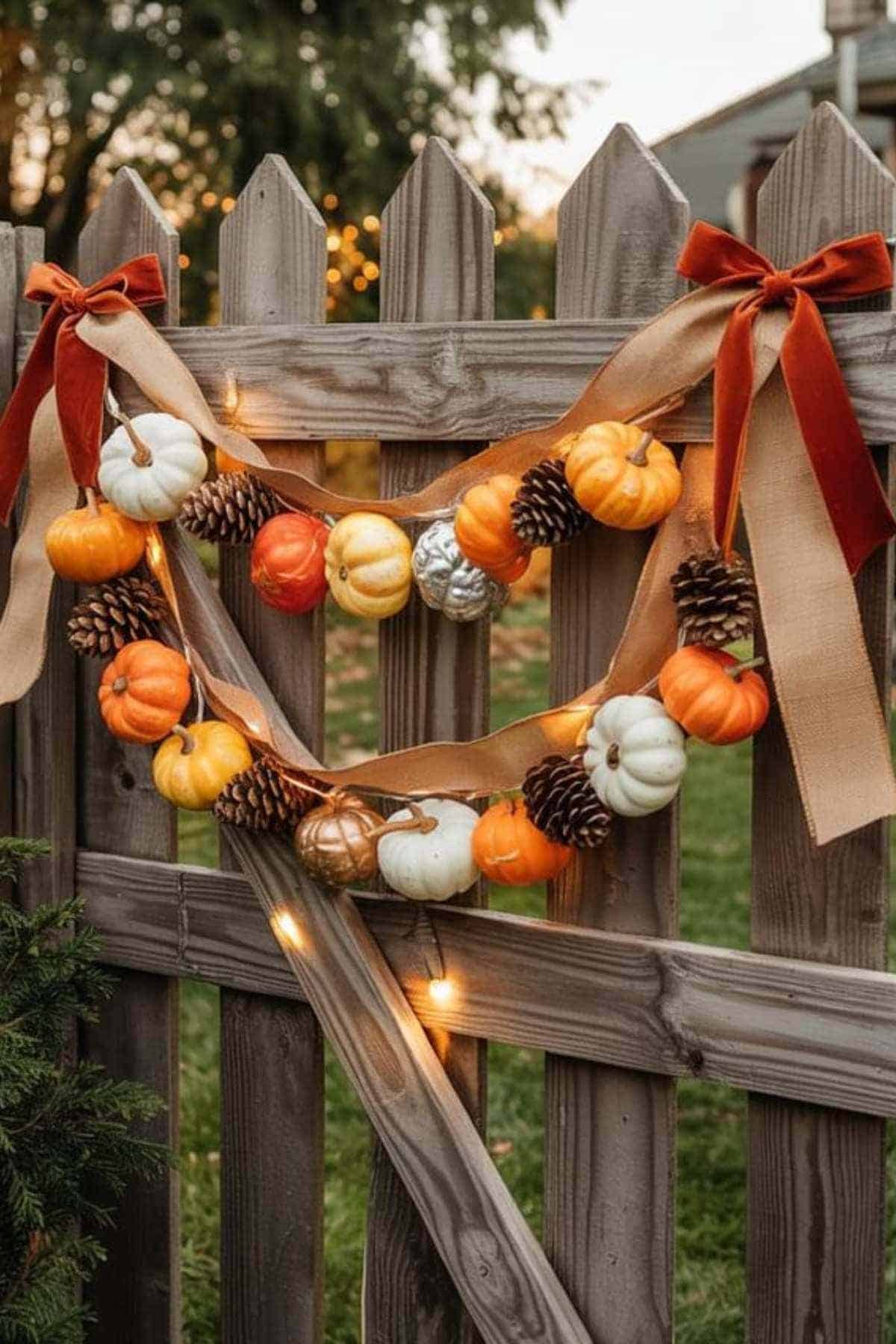 A wooden fence decorated with a garland made of mini pumpkins, pine cones, burlap ribbon, and orange bows, with string lights wrapped around it.