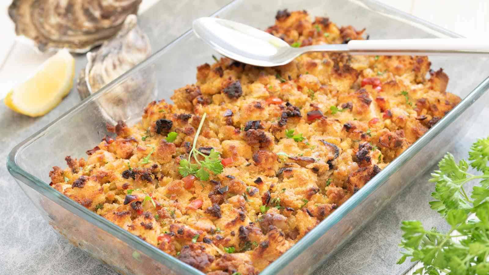 Glass baking dish filled with baked stuffing, featuring chunks of bread, herbs, and diced vegetables, with a serving spoon resting on top.