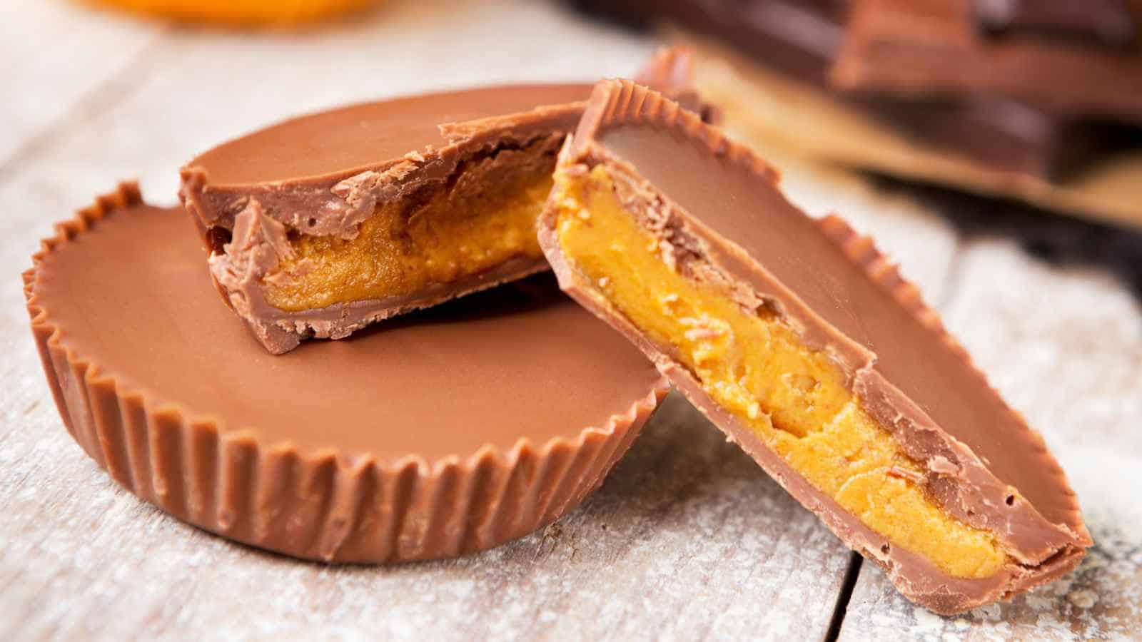 Two peanut butter cups, with one cut in half to show the creamy peanut butter filling inside a chocolate shell, on a wooden surface.