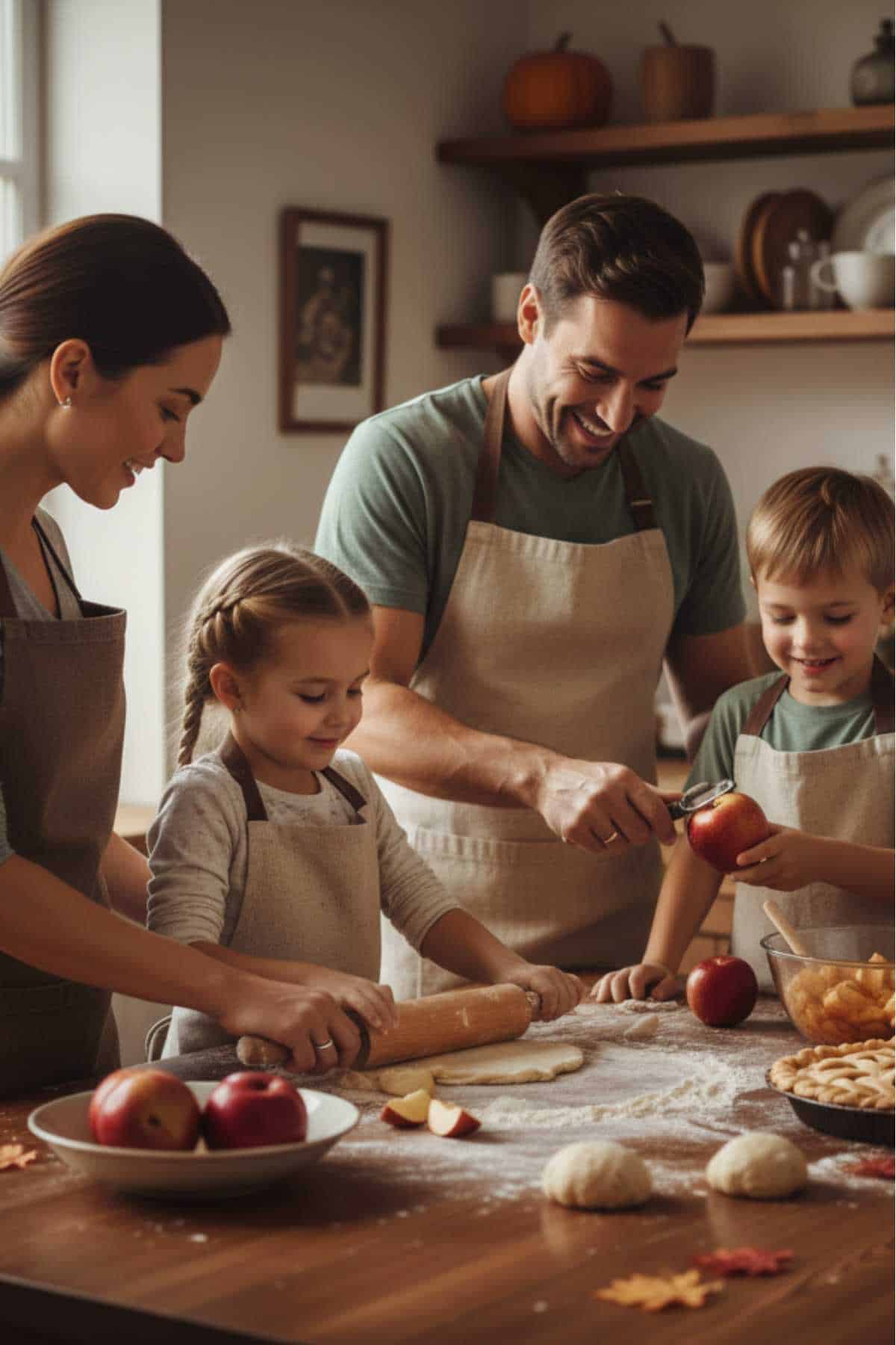 Family of four wearing aprons prepares food together in a kitchen, with apples and dough on a floured wooden table. Shelves and autumn decorations are visible in the background.