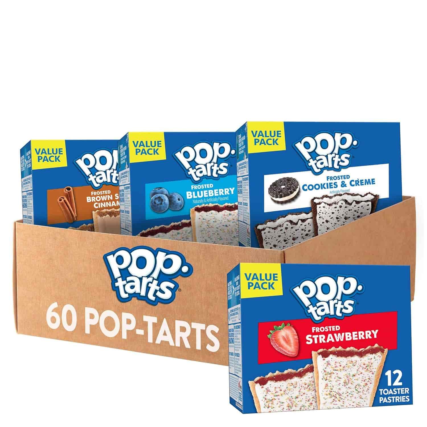 A box containing 60 Pop-Tarts in four flavors: Brown Sugar Cinnamon, Blueberry, Cookies & Creme, and Frosted Strawberry, with each flavor in its own blue value pack box.