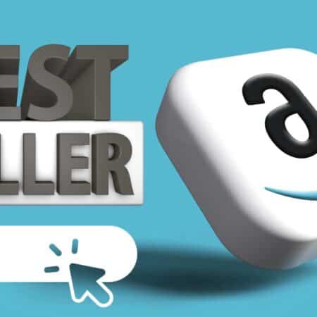 3D text reads "Best Seller" next to a cube with the Amazon logo; below is a shopping cart icon with a clicking cursor on a light blue background.