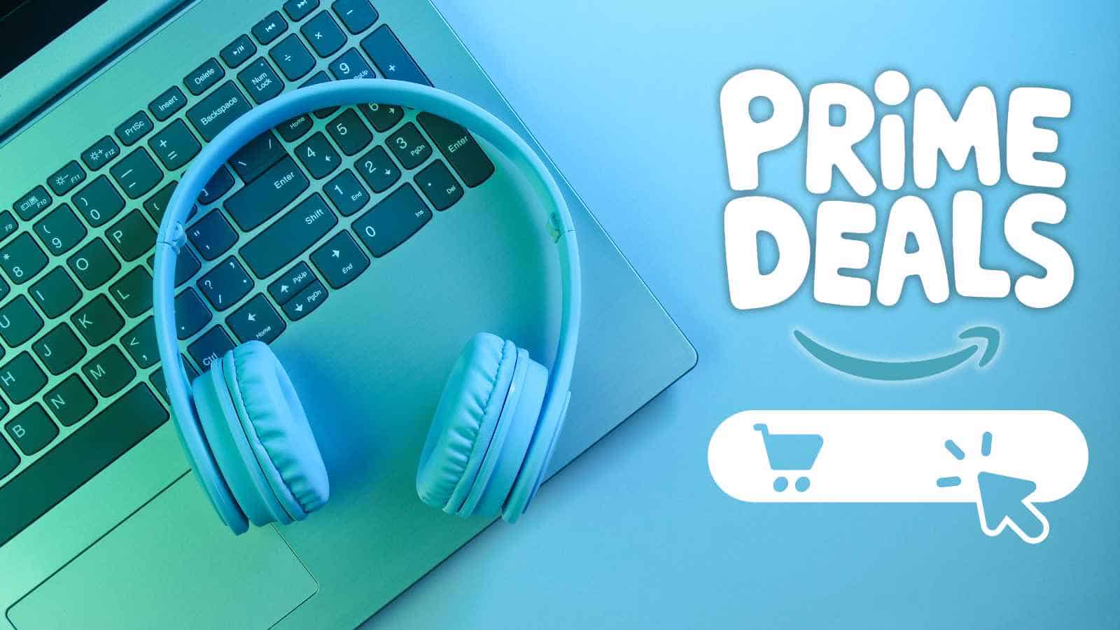 Blue headphones rest on a laptop keyboard next to text reading "Prime Deals" and a clickable shopping cart icon on a blue background.