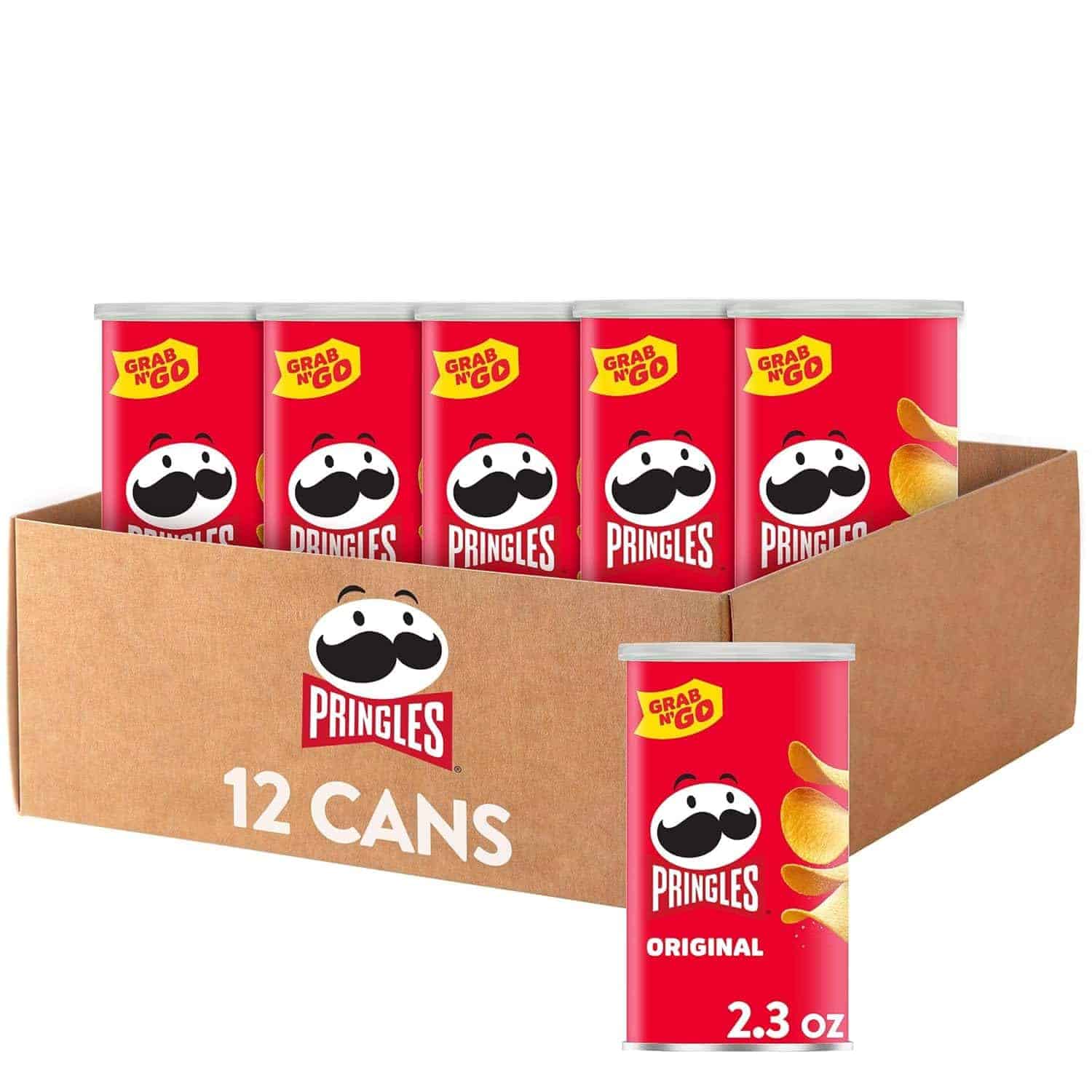 A cardboard box containing twelve 2.3 oz Pringles Original cans with red labels and "Grab N Go" printed at the top of each can.