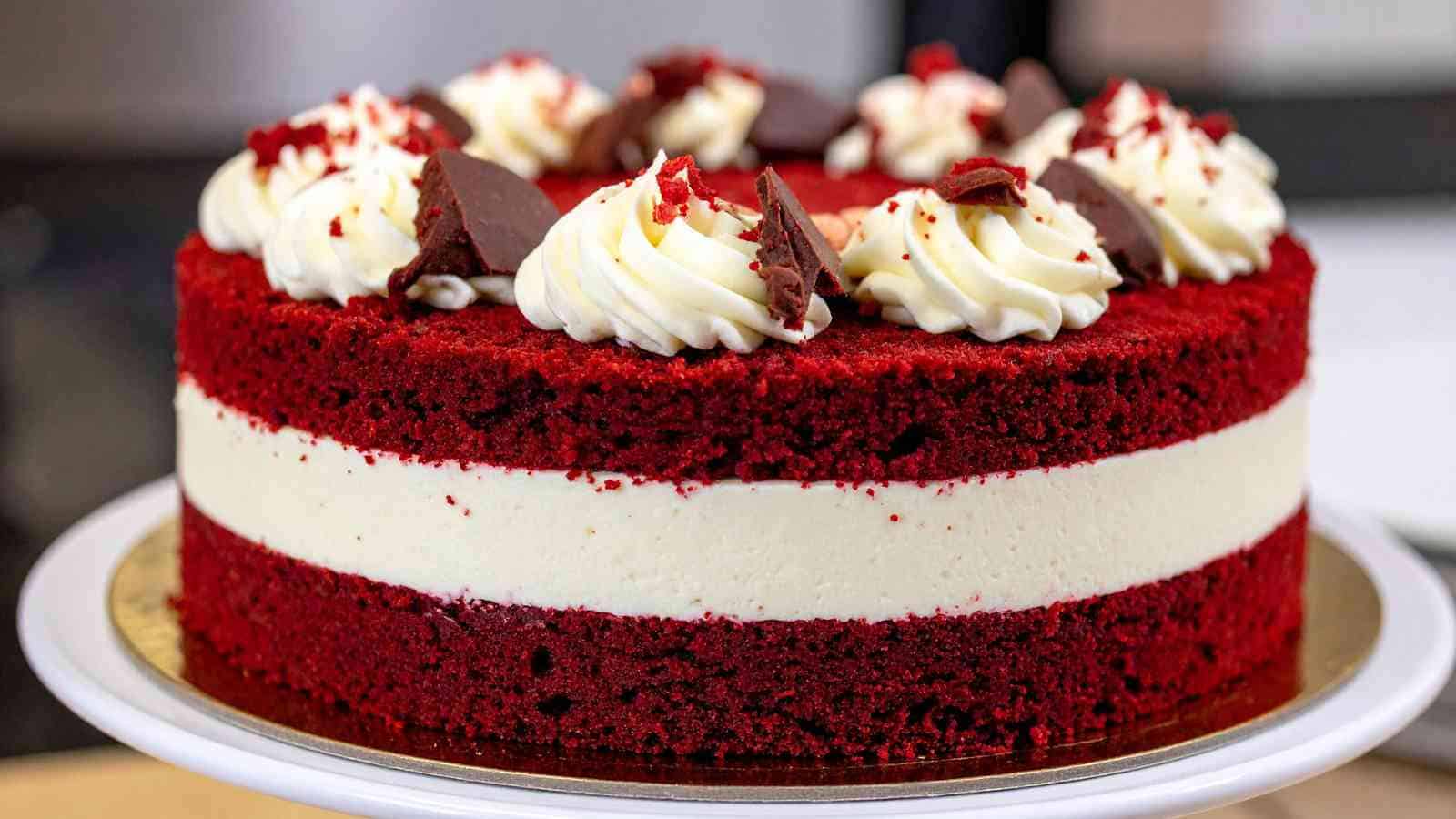 A red velvet cake with a thick layer of white cream in the center, topped with whipped cream swirls and chocolate pieces, displayed on a white cake stand.
