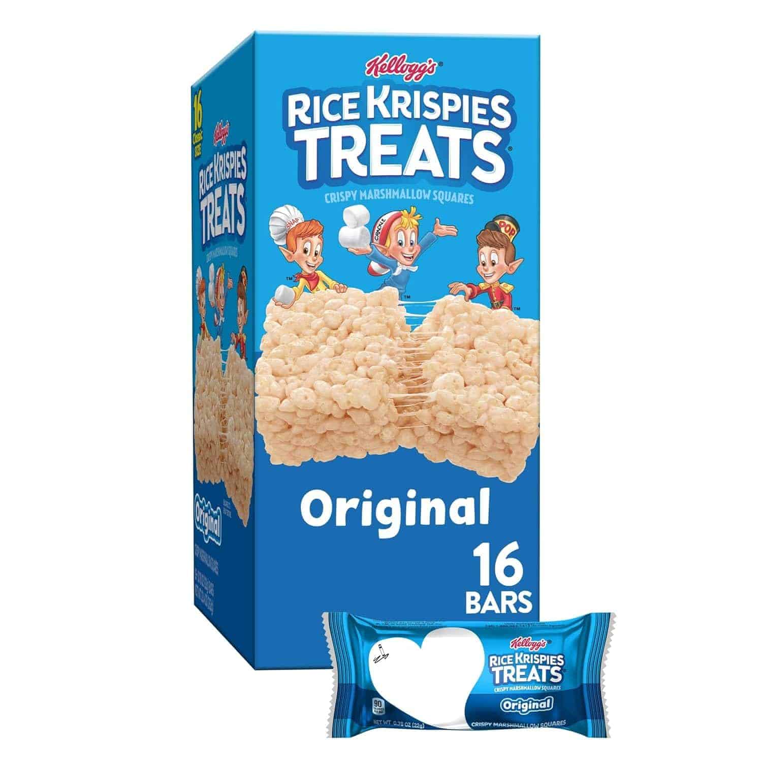 A box of Kellogg’s Rice Krispies Treats Original with 16 bars; the packaging features cartoon mascots and an image of a wrapped treat.