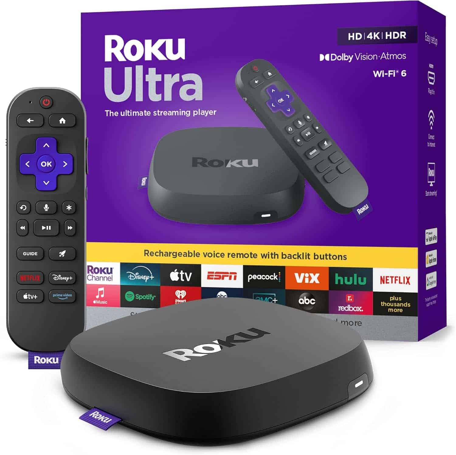 Roku Ultra streaming device with remote, shown in front of product box displaying supported apps and features like HD, 4K, HDR, Dolby Vision, Atmos, and Wi-Fi 6.