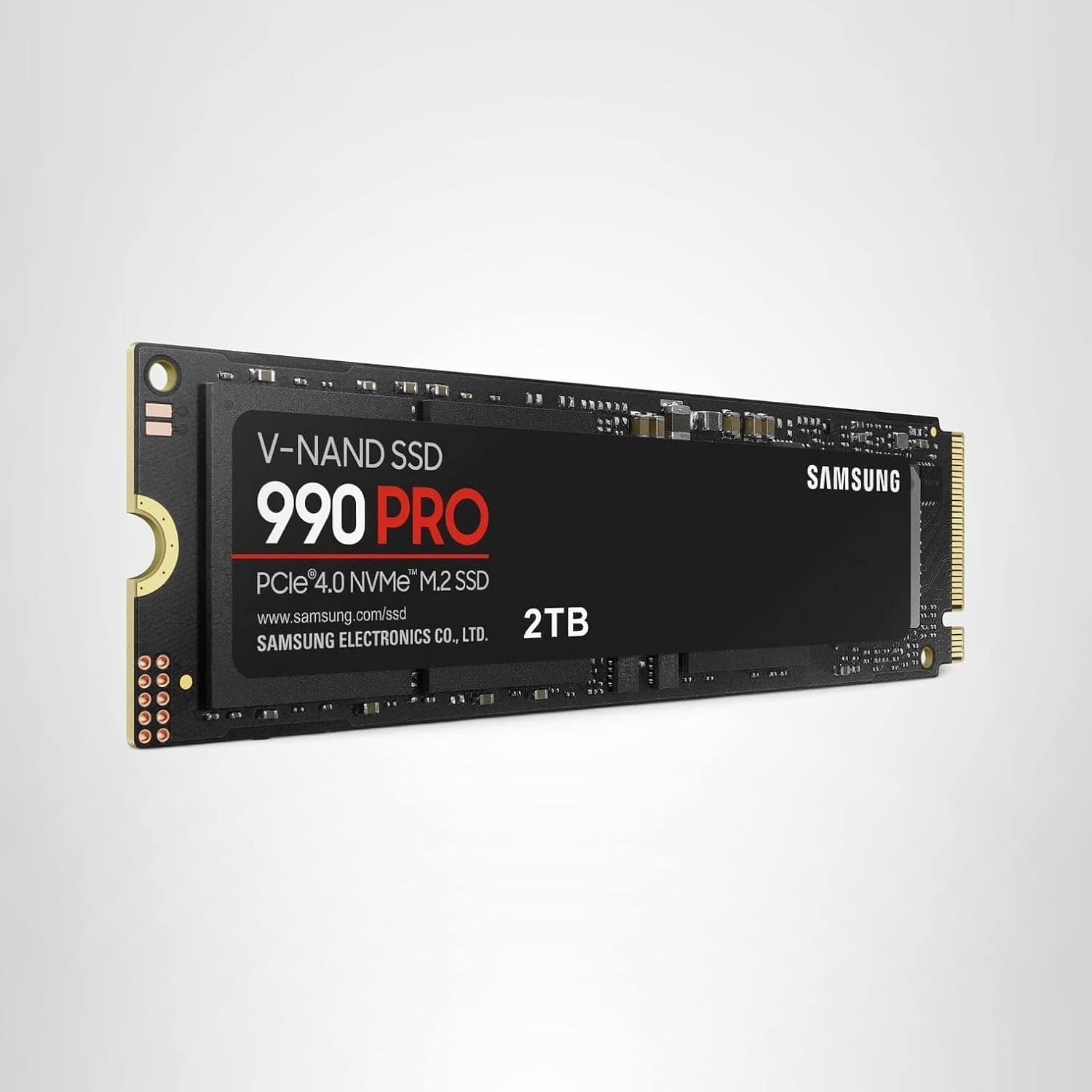 A Samsung 990 PRO V-NAND SSD PCIe 4.0 NVMe M.2 storage drive with 2TB capacity on a plain light background.