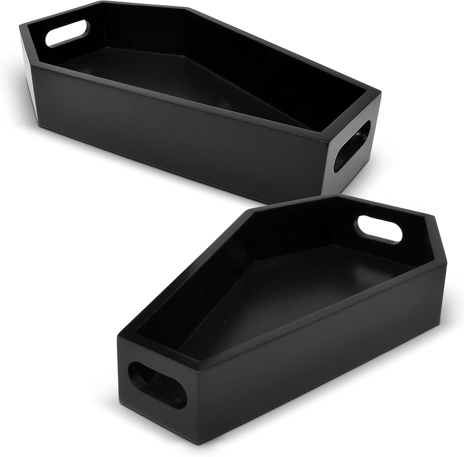 Two black trays shaped like coffins with cut-out handles on the shorter sides, shown from different angles on a white background.